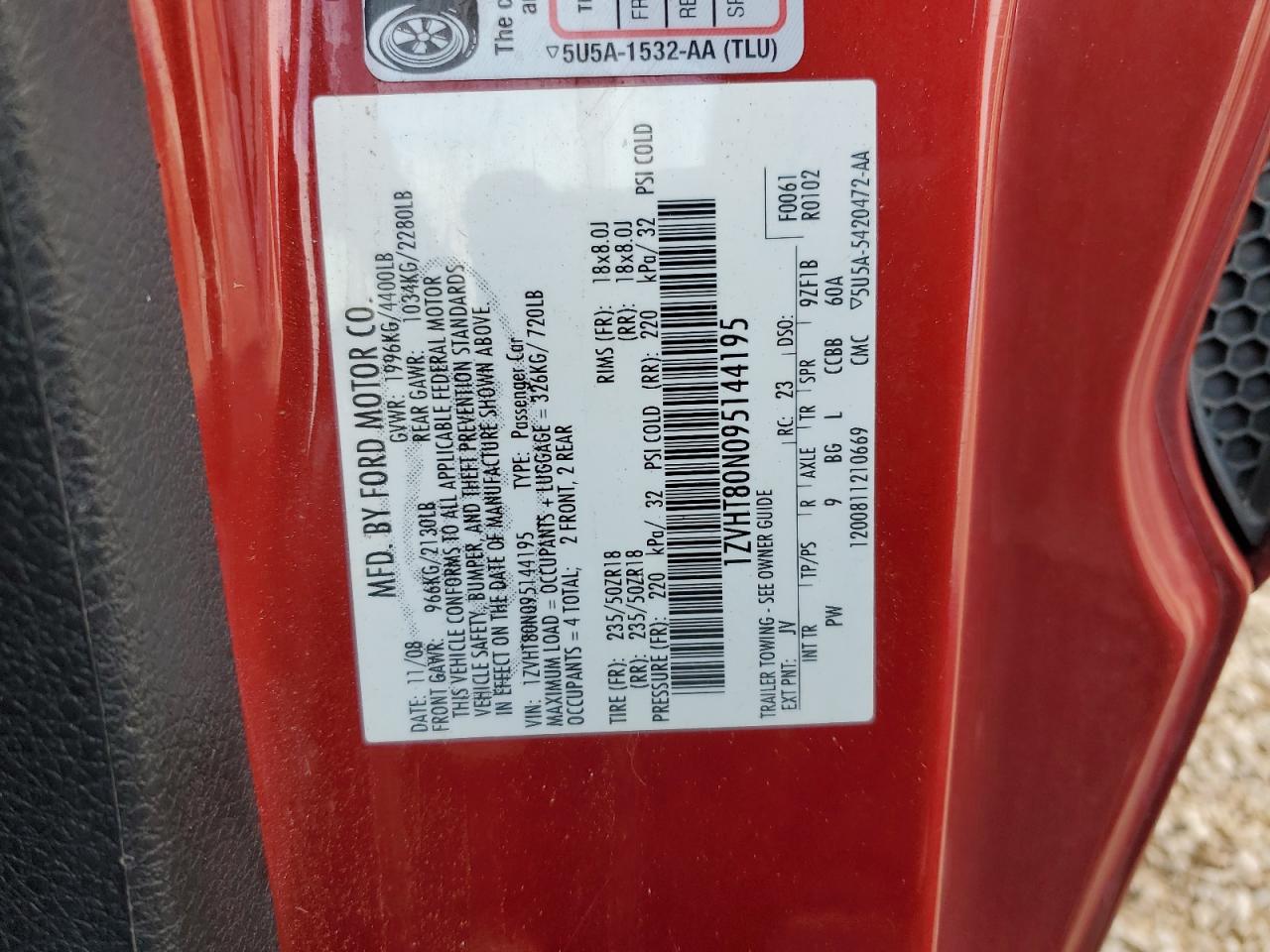 2009 Ford Mustang VIN: 1ZVHT80N095144195 Lot: 86807044