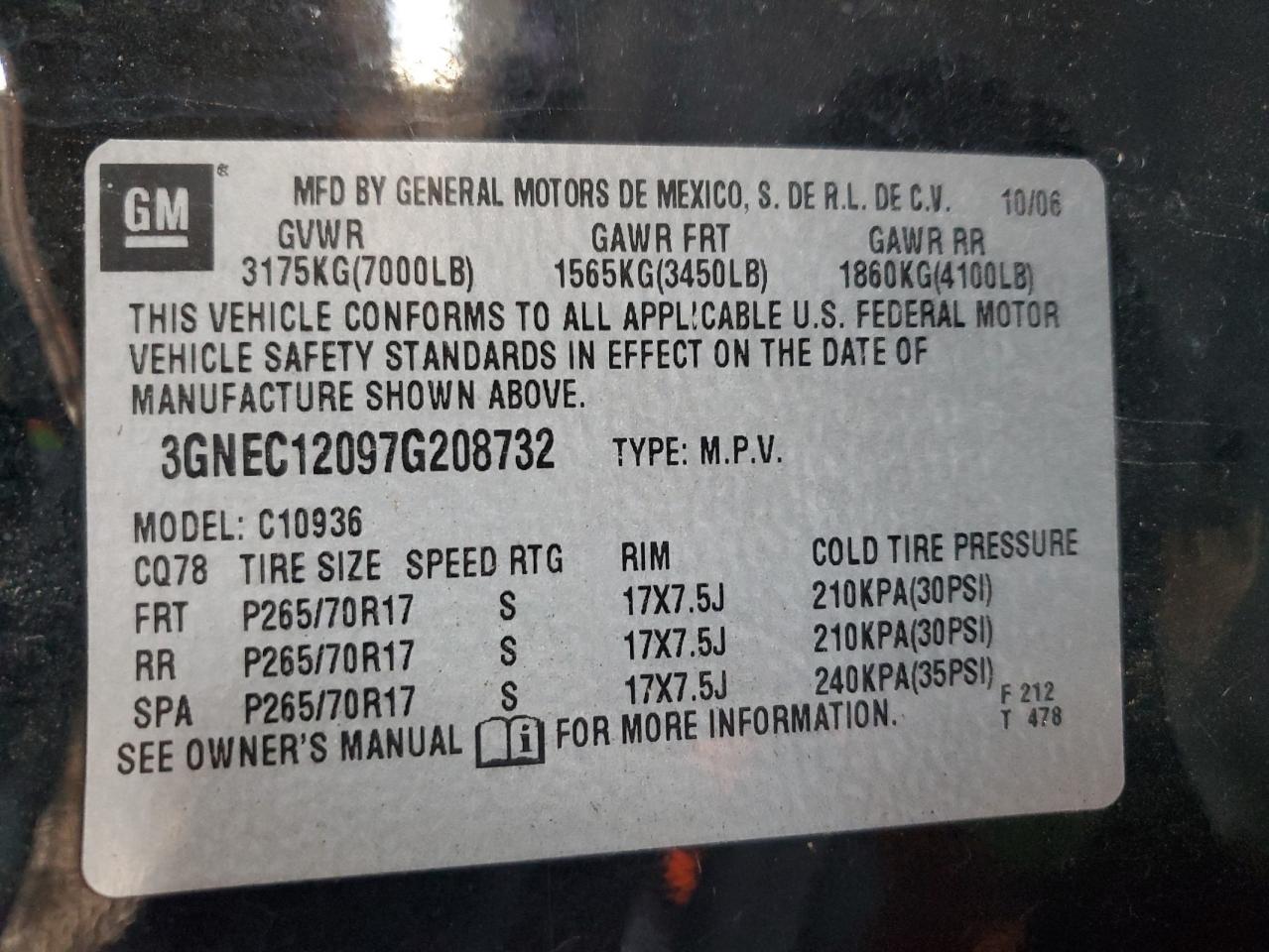 2007 Chevrolet Avalanche C1500 VIN: 3GNEC12097G208732 Lot: 87769495