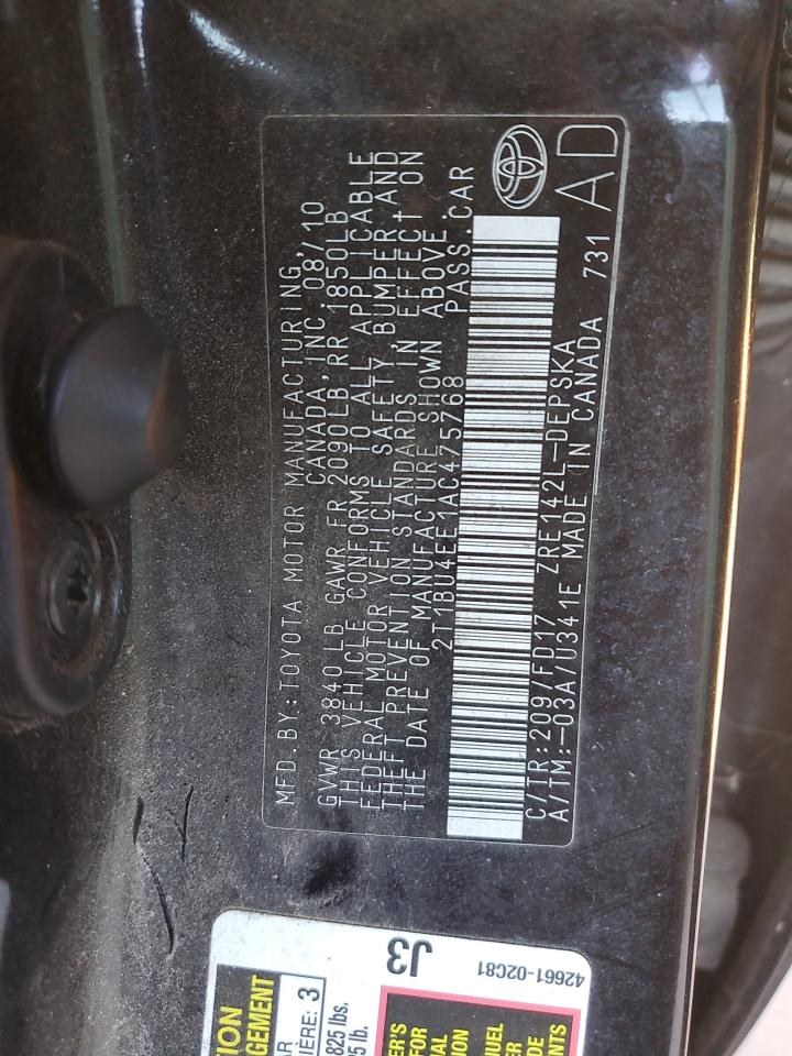 2010 Toyota Corolla Base VIN: 2T1BU4EE1AC475768 Lot: 87870135