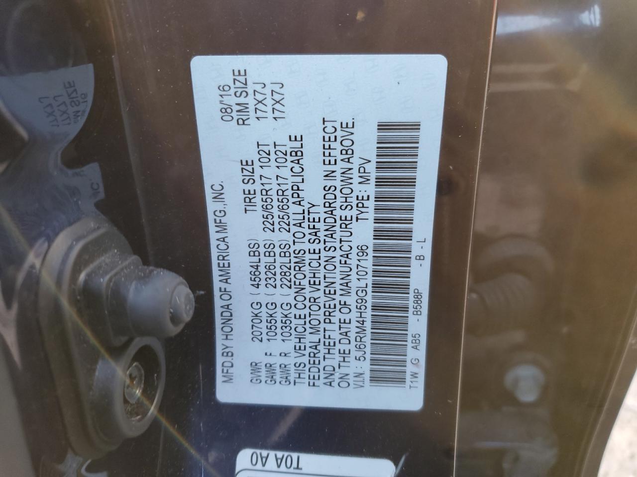 5J6RM4H59GL107196 HONDA CRV 2016