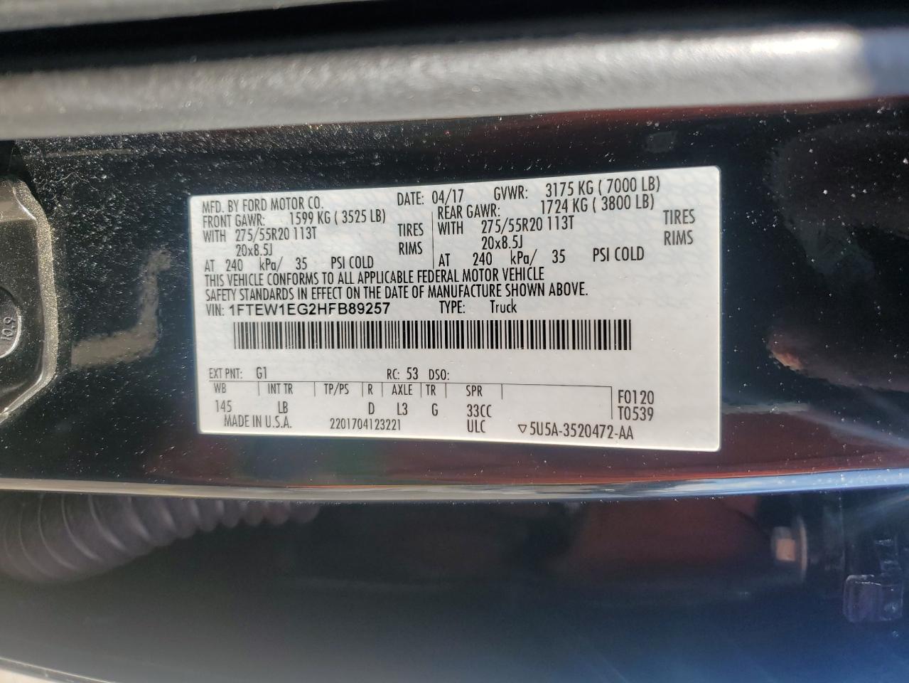 1FTEW1EG2HFB89257 FORD F-150 2017