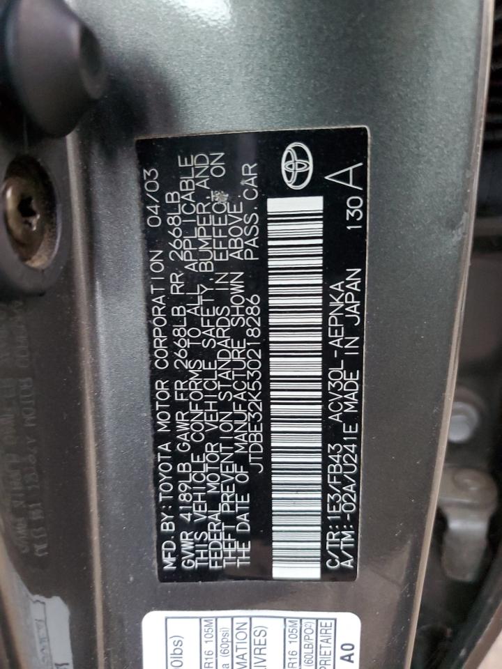 2003 Toyota Camry Le VIN: JTDBE32K530218286 Lot: 88746495