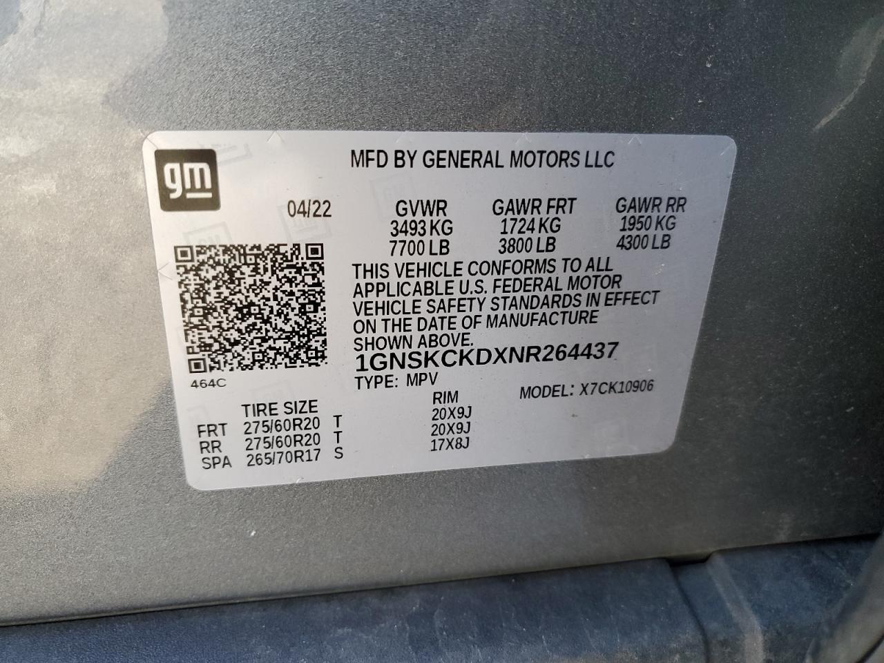 2022 Chevrolet Suburban K1500 Lt VIN: 1GNSKCKDXNR264437 Lot: 62835585