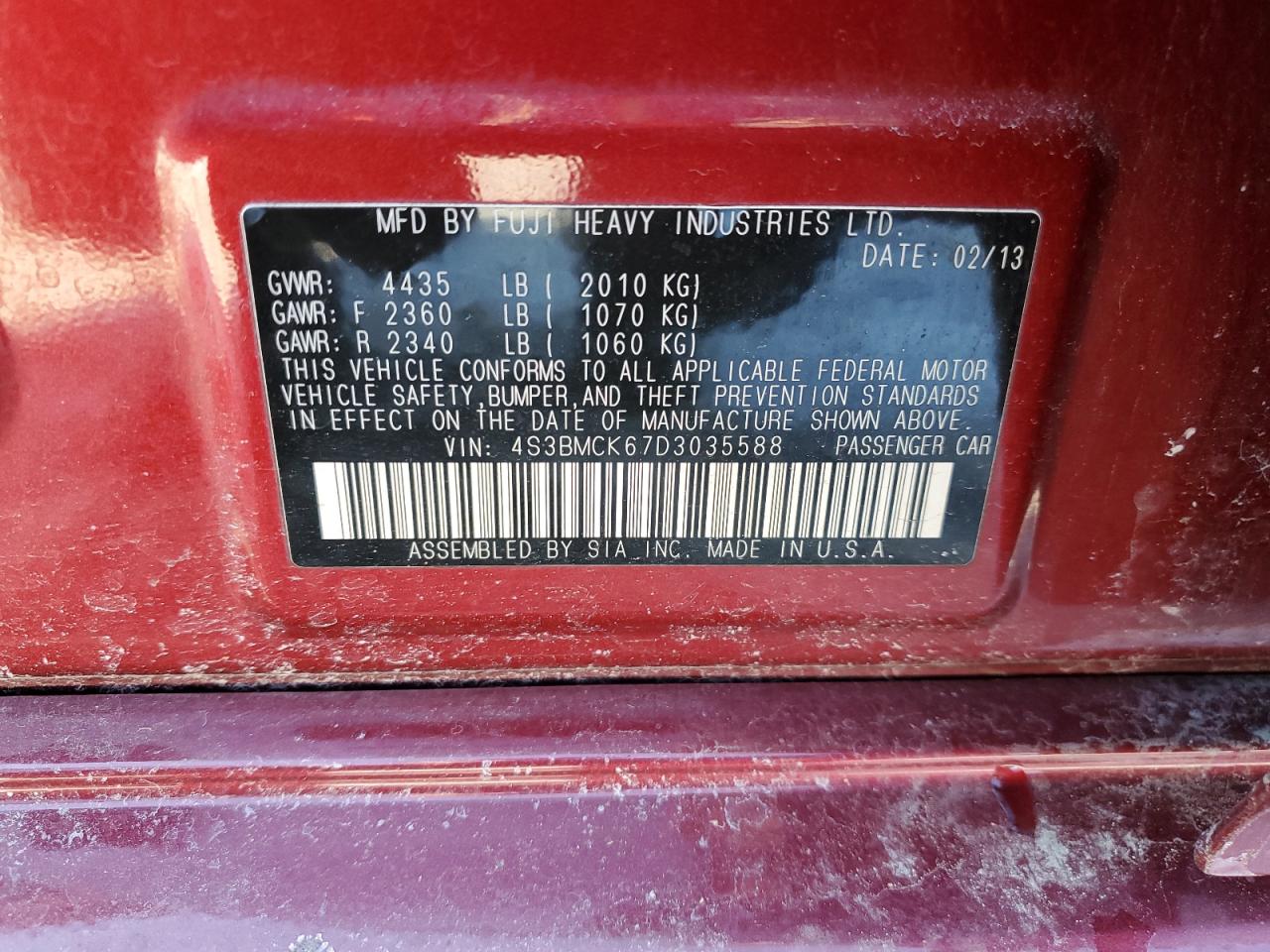 2013 Subaru Legacy 2.5I Limited VIN: 4S3BMCK67D3035588 Lot: 87929825