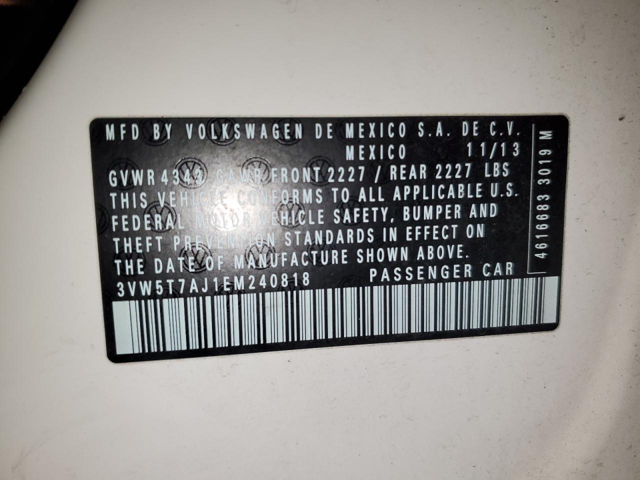 2014 Volkswagen Jetta Gli VIN: 3VW5T7AJ1EM240818 Lot: 86738984