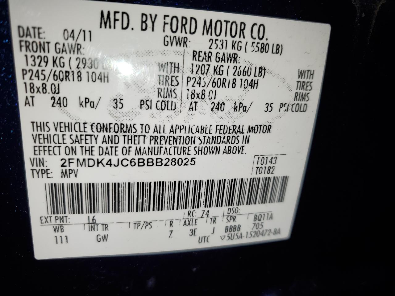 2011 Ford Edge Sel VIN: 2FMDK4JC6BBB28025 Lot: 88269845