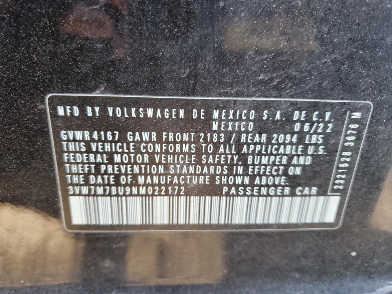 2022 Volkswagen Jetta Se VIN: 3VW7M7BU9NM022172 Lot: 87542365