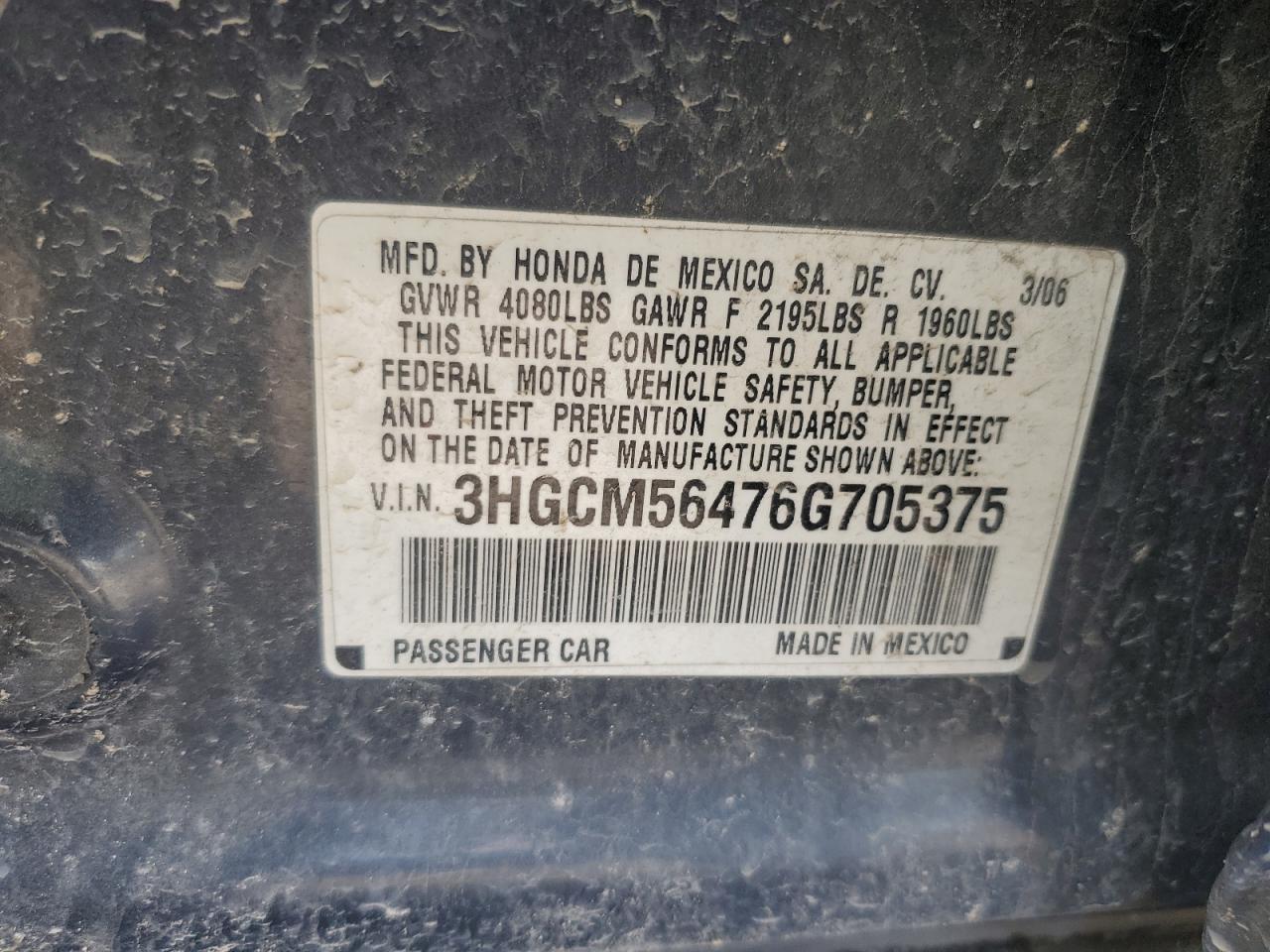 2006 Honda Accord Lx VIN: 3HGCM56476G705375 Lot: 53885585