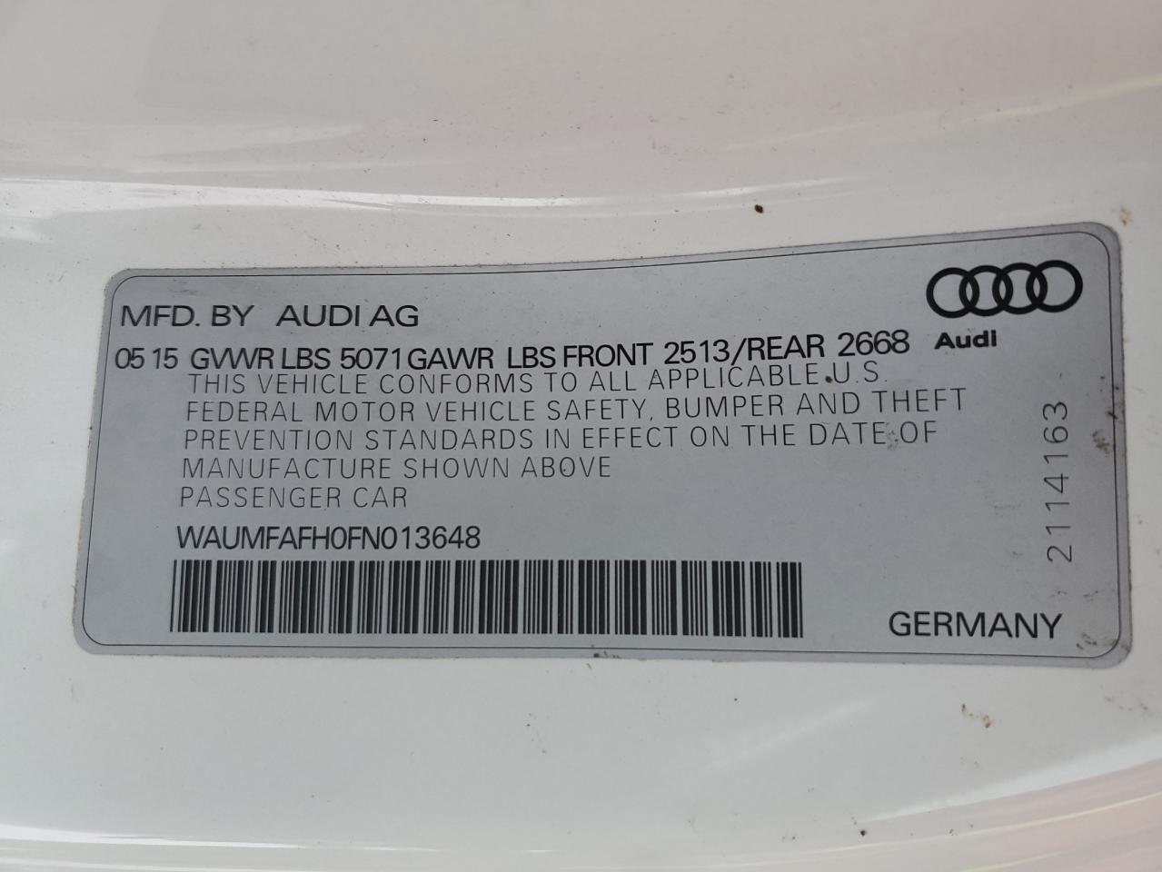 VIN WAUMFAFH0FN013648 2015 AUDI A5 no.13