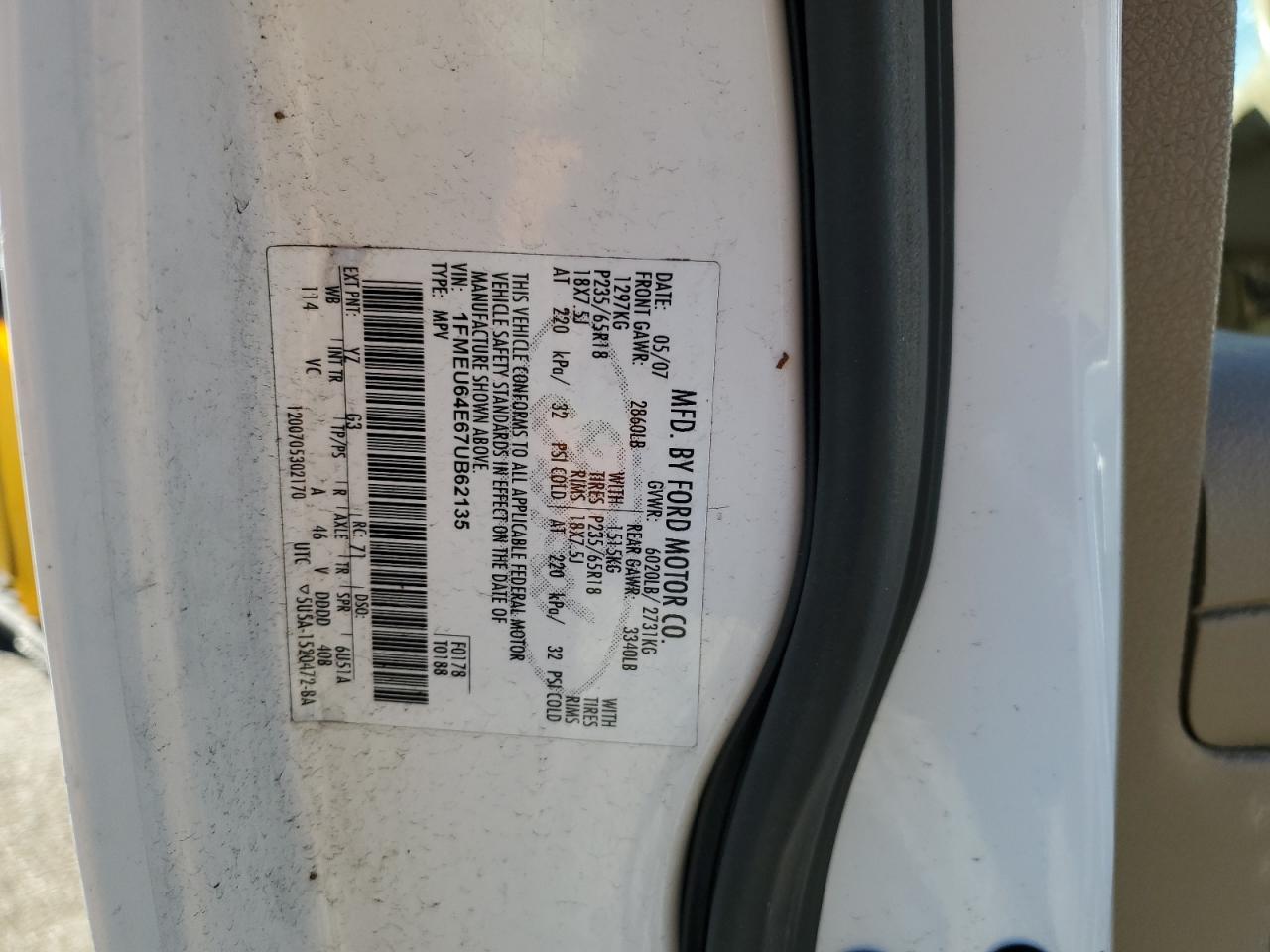 2007 Ford Explorer Eddie Bauer VIN: 1FMEU64E67UB62135 Lot: 88516255