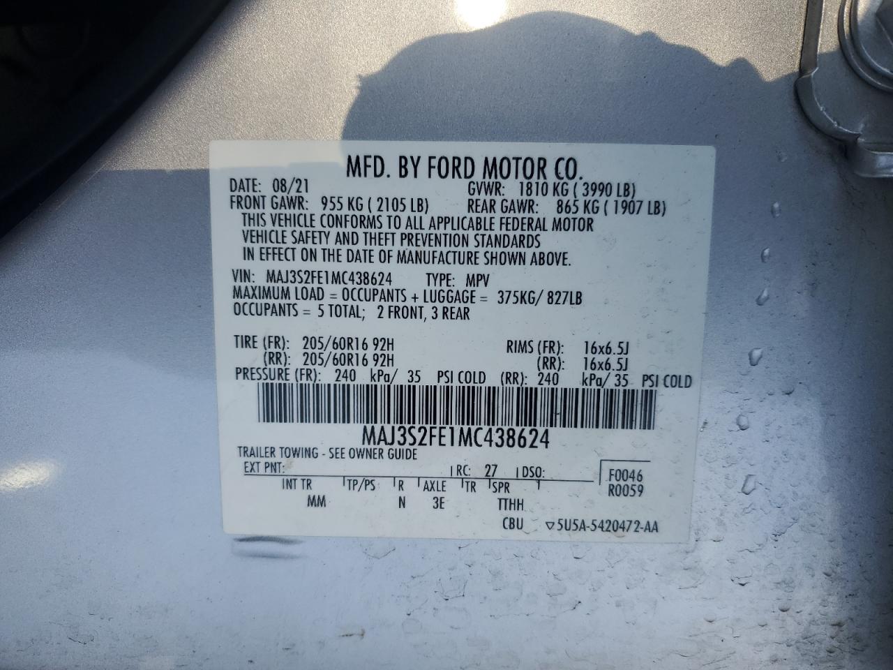 2021 Ford Ecosport S VIN: MAJ3S2FE1MC438624 Lot: 87128624