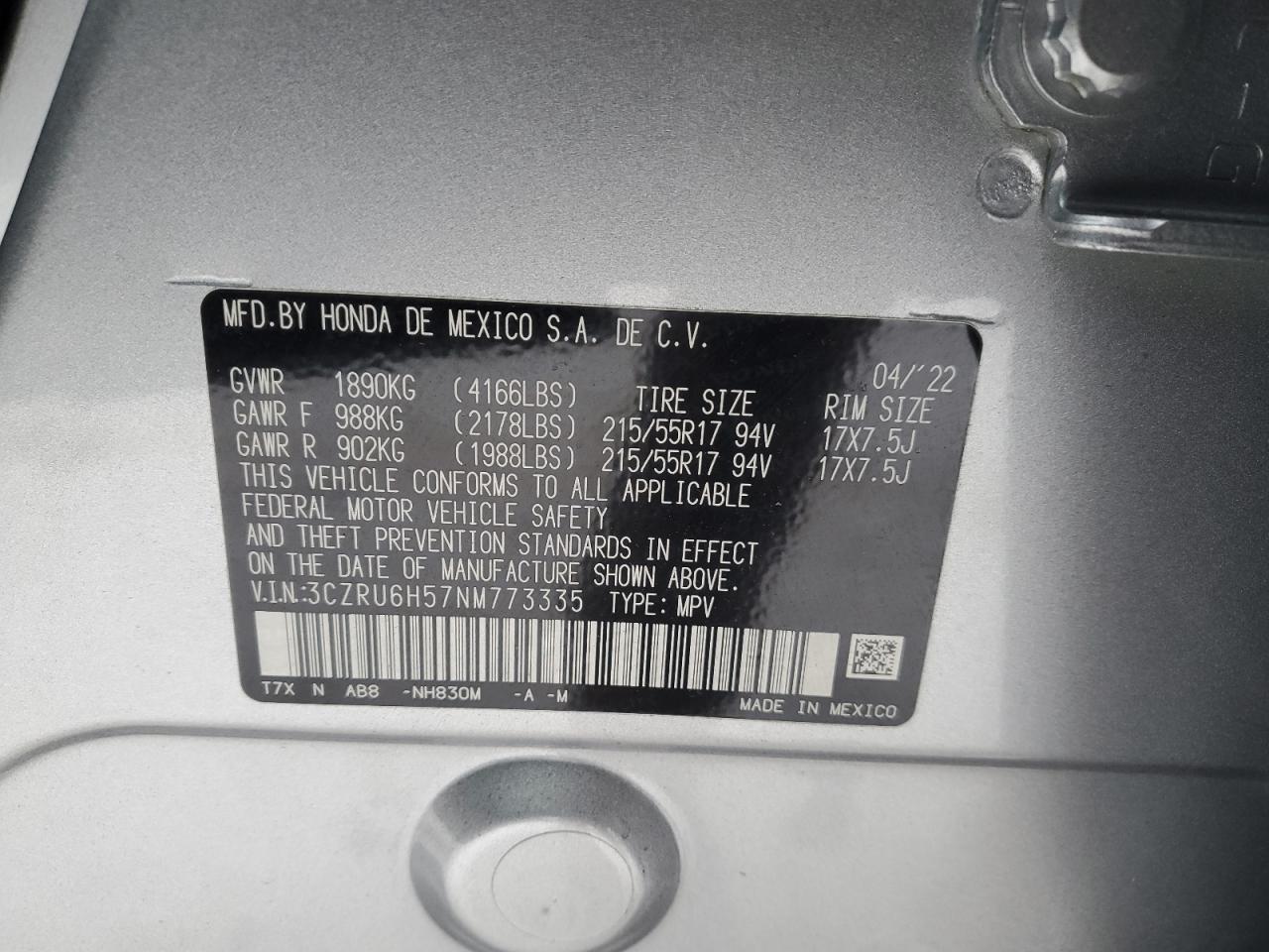 3CZRU6H57NM773335 HONDA HR-V 2022