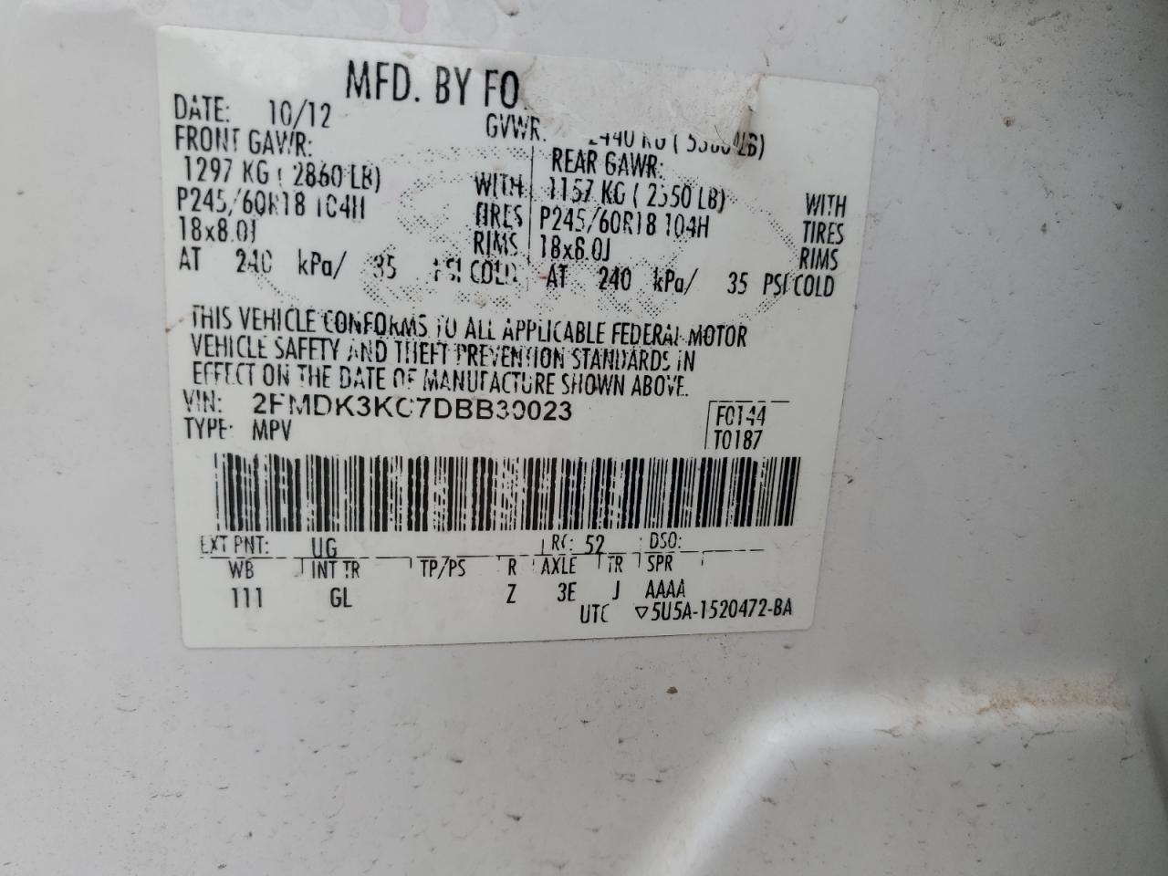 2013 Ford Edge Limited VIN: 2FMDK3KC7DBB30023 Lot: 42646495