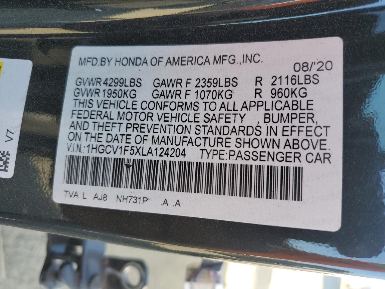 1HGCV1F5XLA124204 HONDA ACCORD 2020