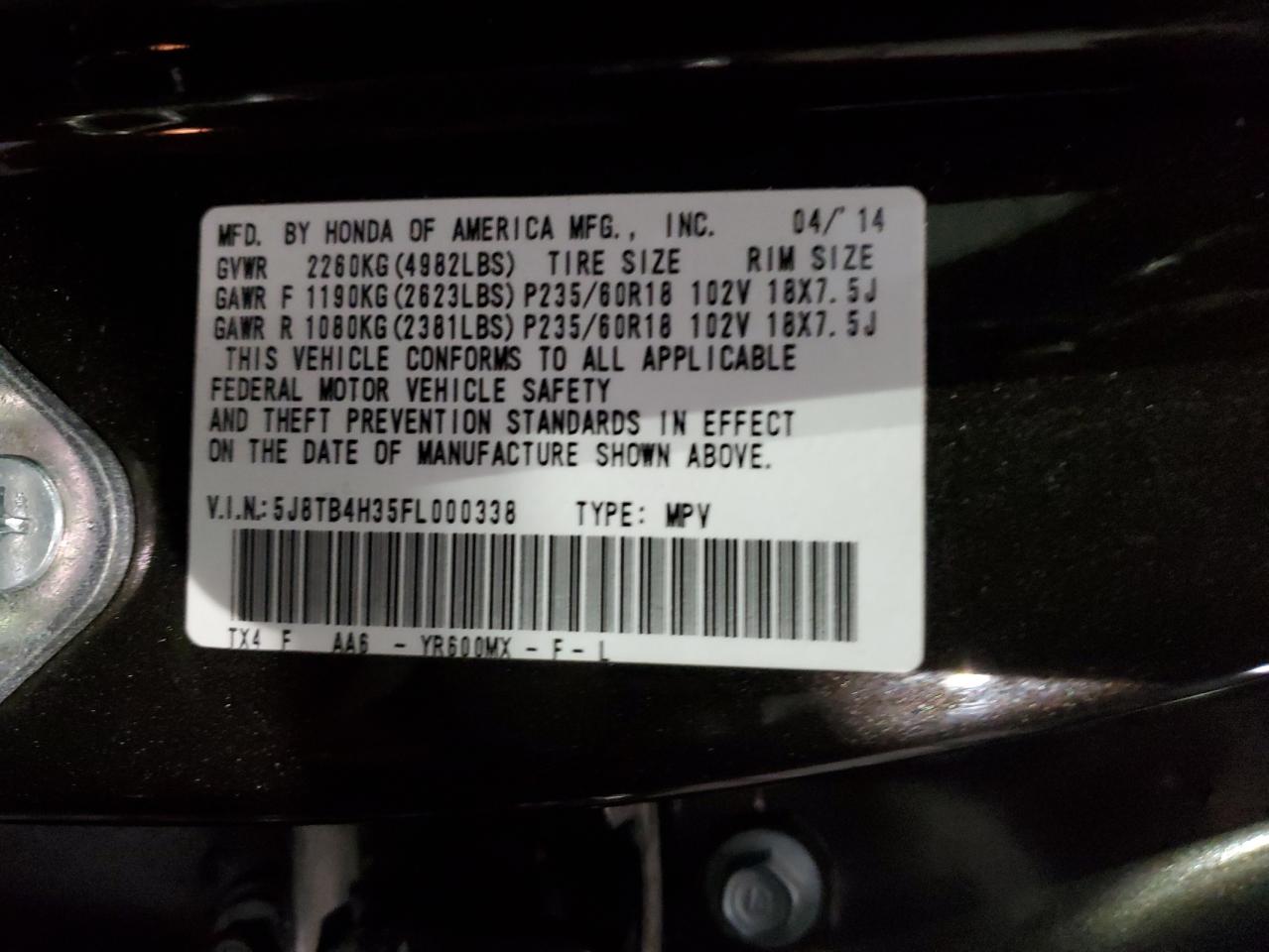 VIN 5J8TB4H35FL000338 2015 ACURA RDX no.13