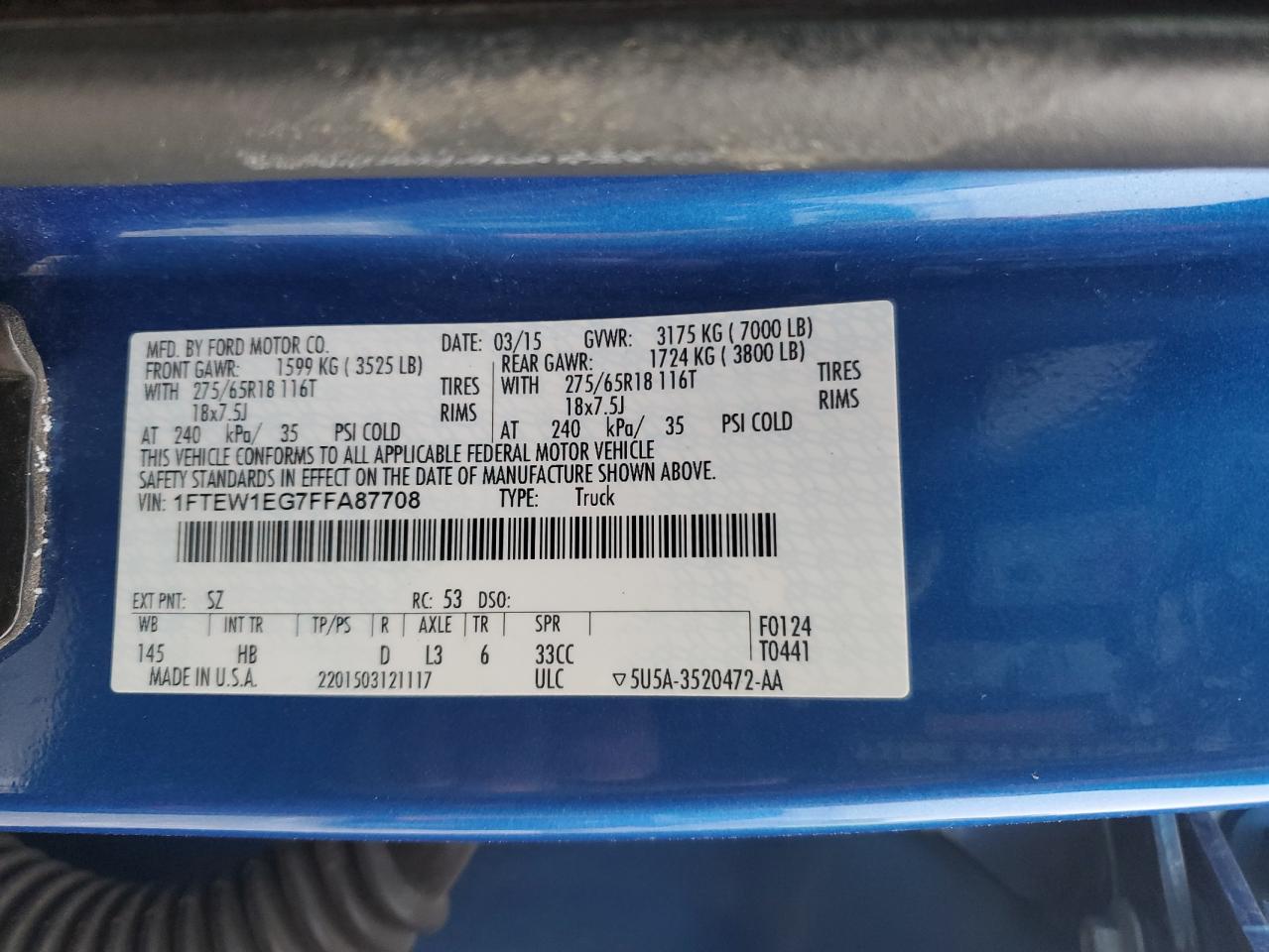 2015 Ford F150 Supercrew VIN: 1FTEW1EG7FFA87708 Lot: 88402495