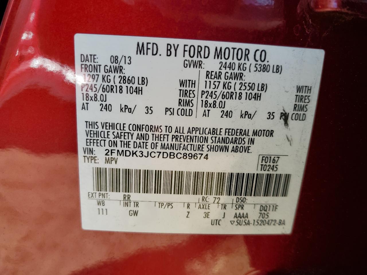 VIN 2FMDK3JC7DBC89674 2013 FORD EDGE no.13