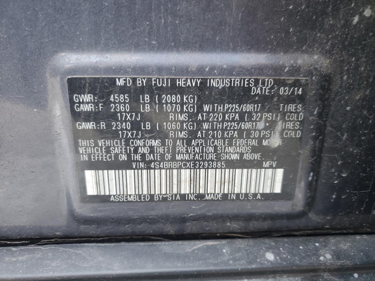 VIN 4S4BRBPCXE3293885 2014 SUBARU OUTBACK no.14