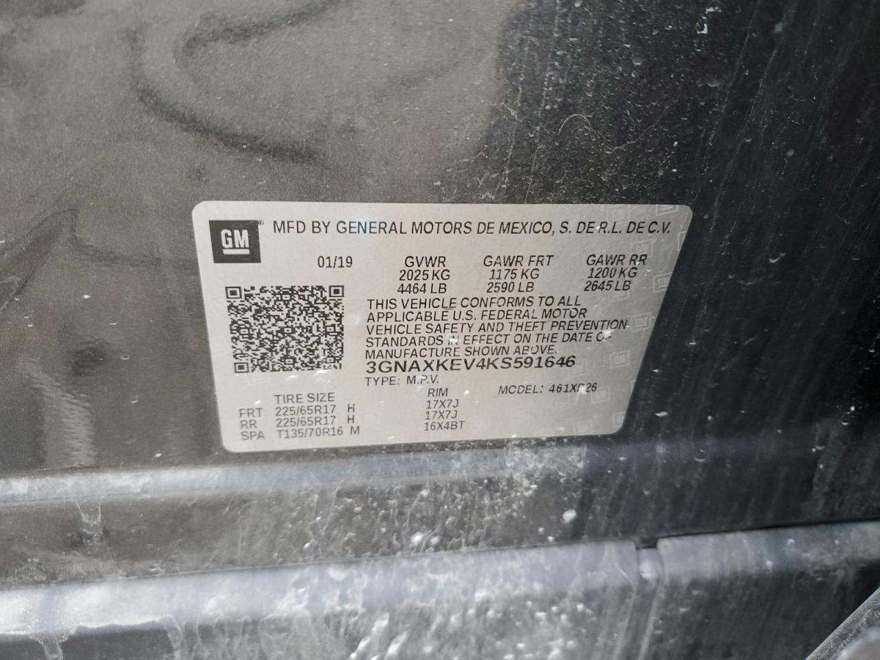 2019 Chevrolet Equinox Lt VIN: 3GNAXKEV4KS591646 Lot: 87813825