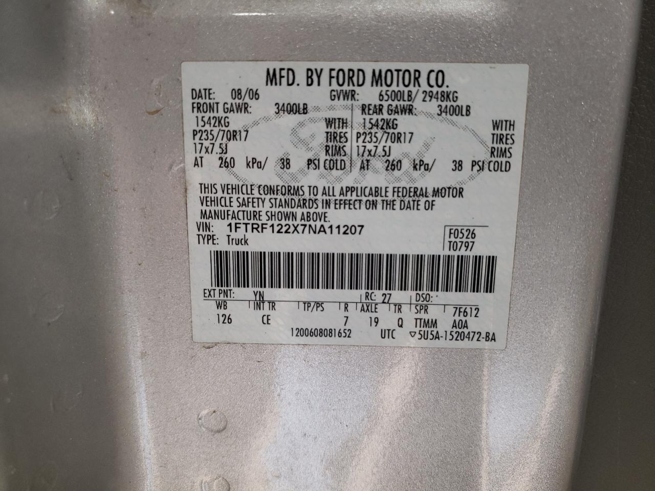 2007 Ford F150 VIN: 1FTRF122X7NA11207 Lot: 42537645