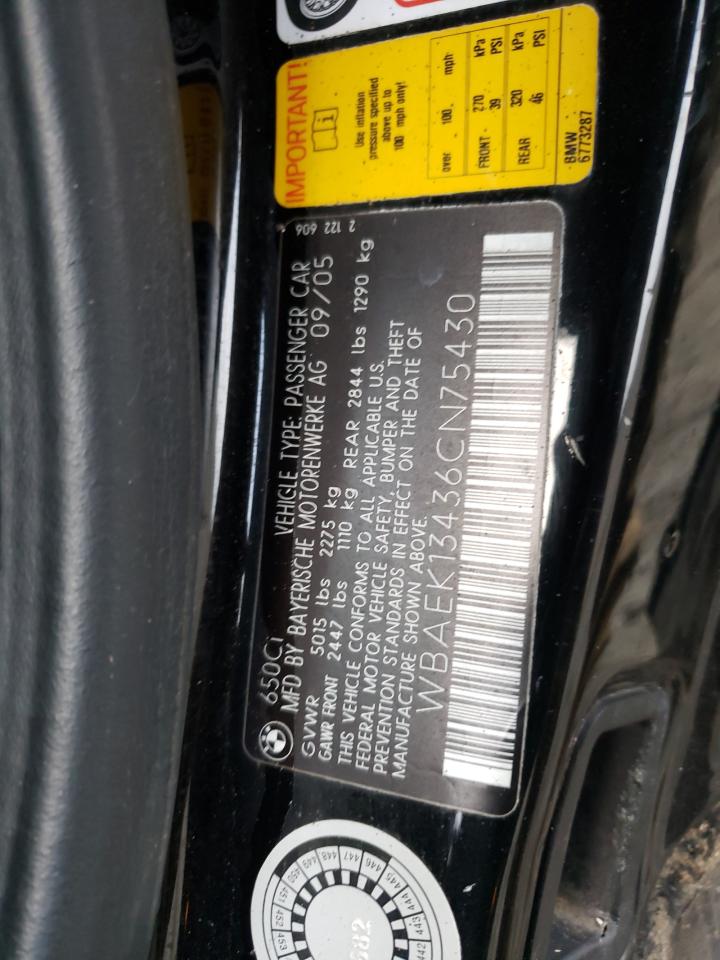 2006 BMW 650 I VIN: WBAEK13436CN75430 Lot: 88313215