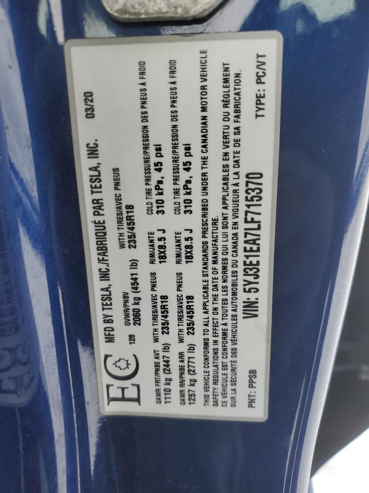 2020 Tesla Model 3 VIN: 5YJ3E1EA7LF715370 Lot: 88537775