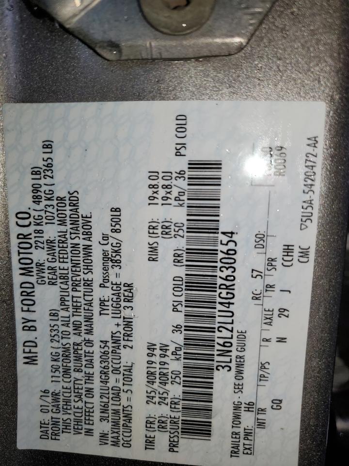 2016 Lincoln Mkz VIN: 3LN6L2U4GR630654 Lot: 86771934