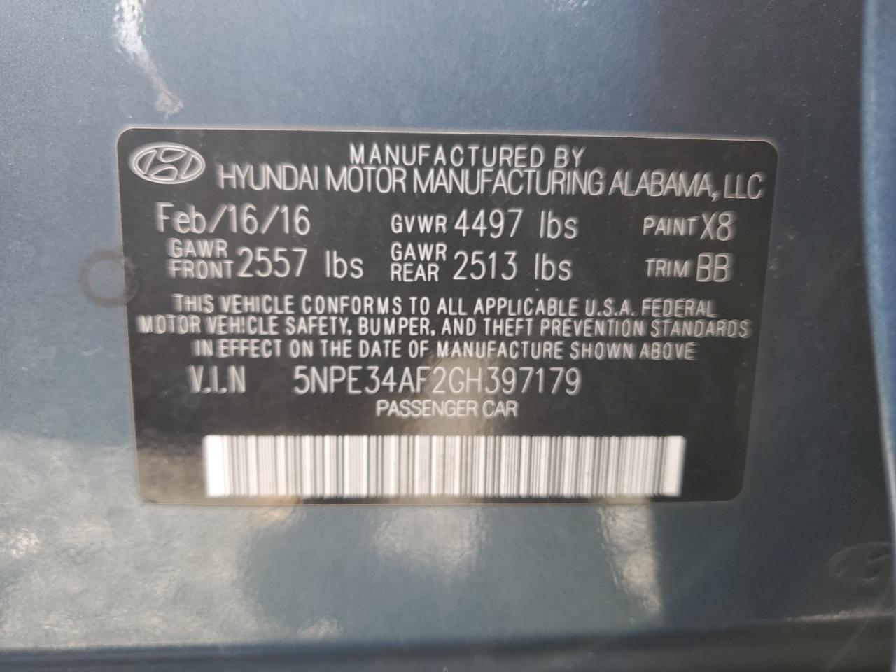 VIN 5NPE34AF2GH397179 2016 HYUNDAI SONATA no.12