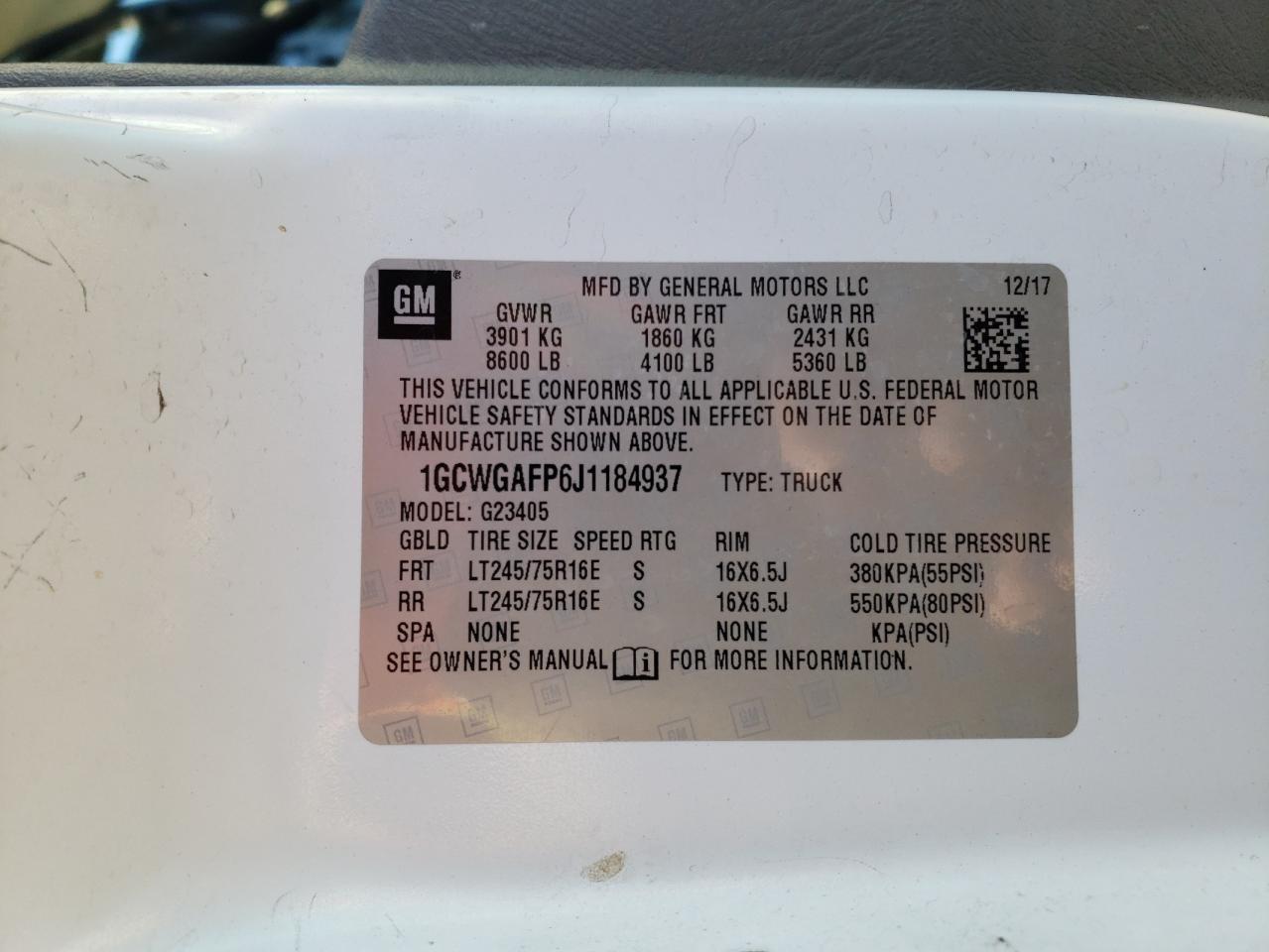 2018 Chevrolet Express G2500 VIN: 1GCWGAFP6J1184937 Lot: 70963545