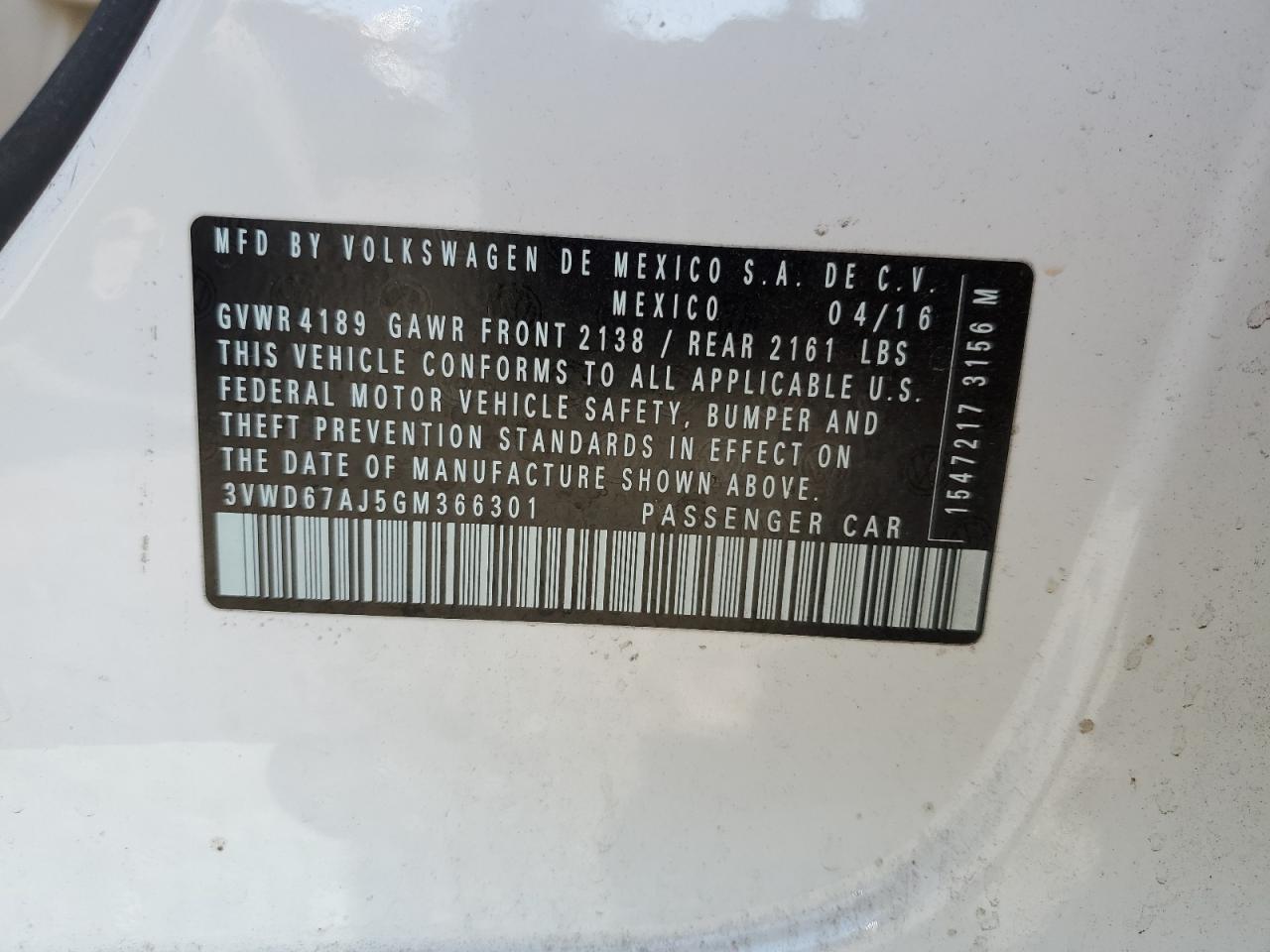 2016 Volkswagen Jetta Se VIN: 3VWD67AJ5GM366301 Lot: 88204265