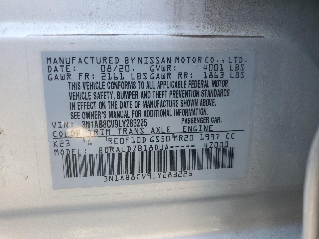 3N1AB8CV9LY283225 NISSAN SENTRA 2020
