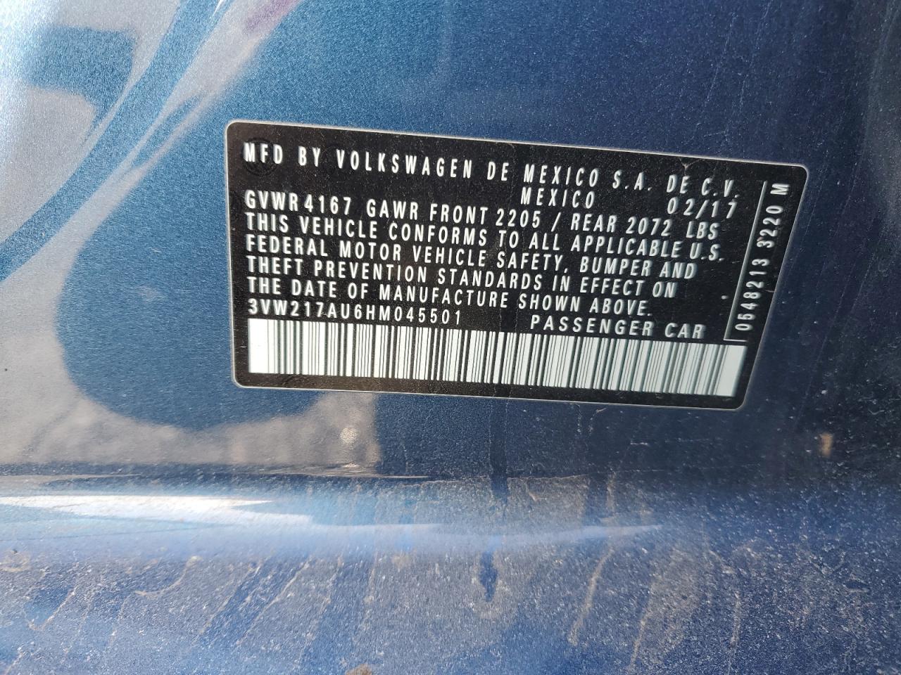 2017 Volkswagen Golf S VIN: 3VW217AU6HM045501 Lot: 88303515