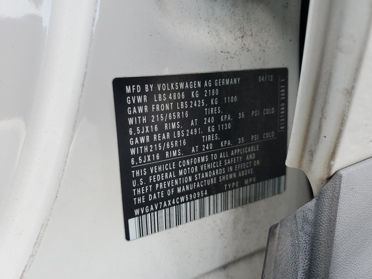 2012 Volkswagen Tiguan S VIN: WVGAV7AX4CW590954 Lot: 88320675