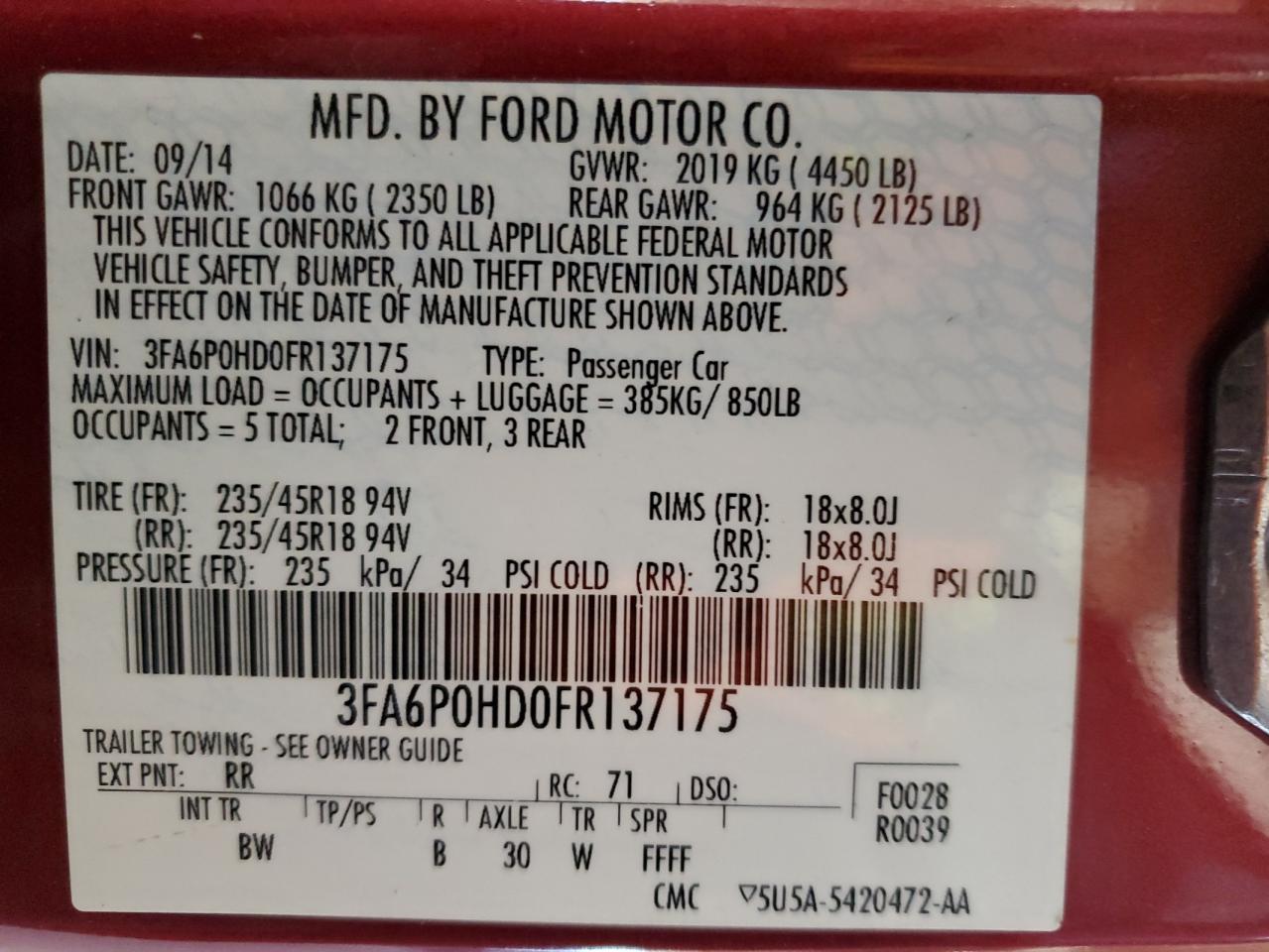 VIN 3FA6P0HD0FR137175 2015 FORD FUSION no.12