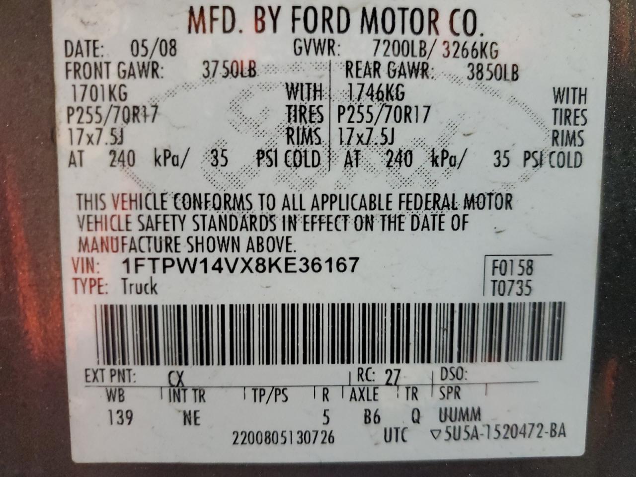 2008 Ford F150 Supercrew VIN: 1FTPW14VX8KE36167 Lot: 88573215