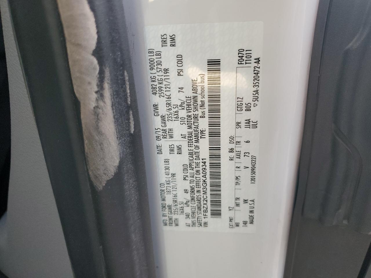 1FBZX2CM3GKA09341 FORD TRANSIT 2016