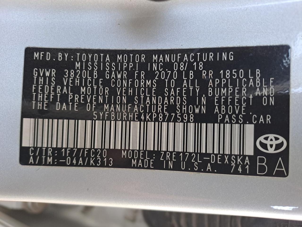5YFBURE4KP877598 - 2024 Toyota Corolla - #42266075