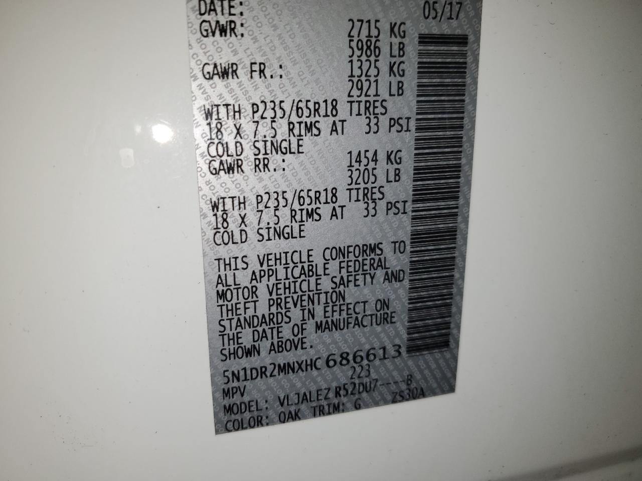 2017 Nissan Pathfinder S VIN: 686613 Lot: 43667765