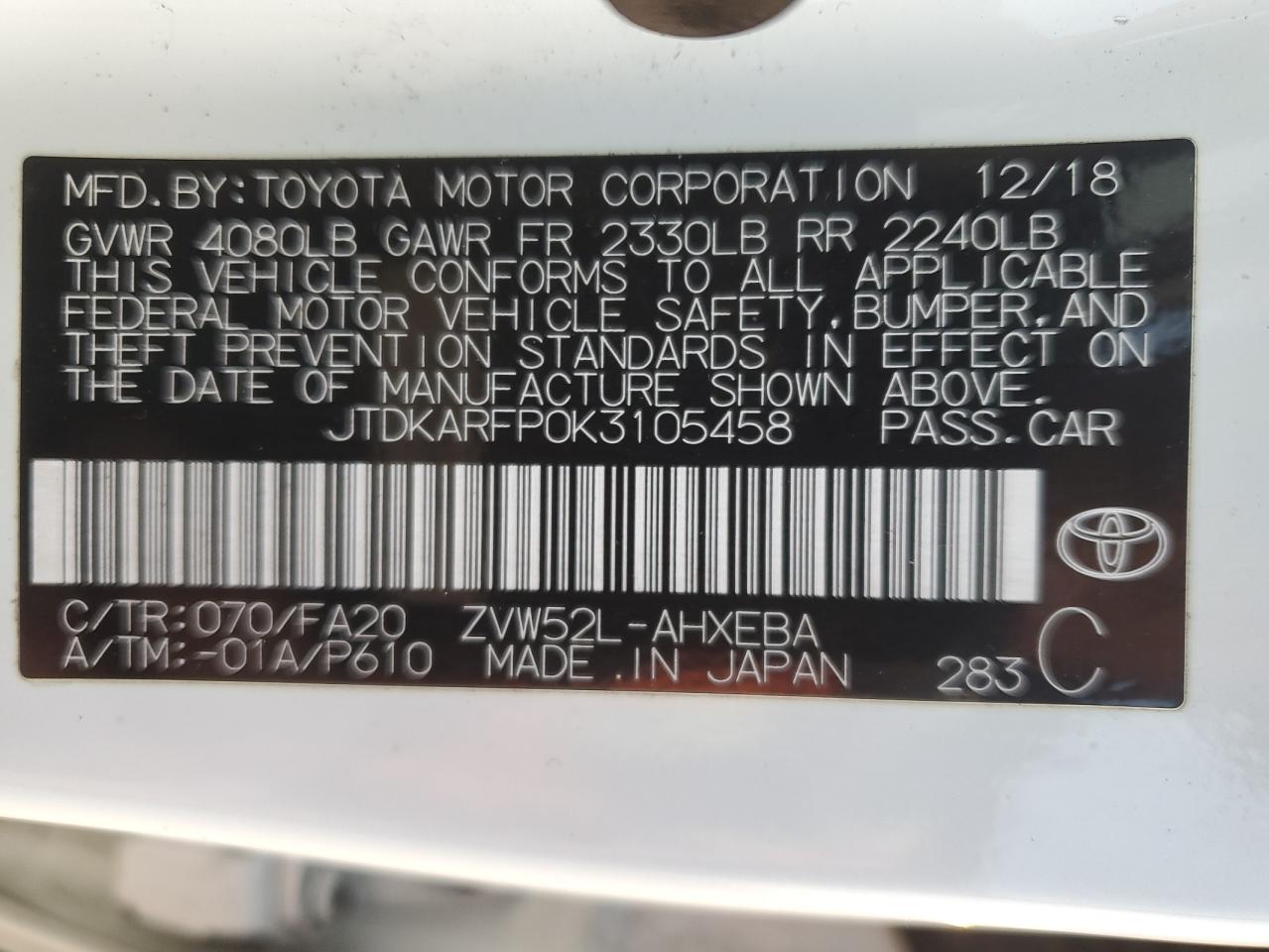 VIN JTDKARFP0K3105458 2019 TOYOTA PRIUS no.12