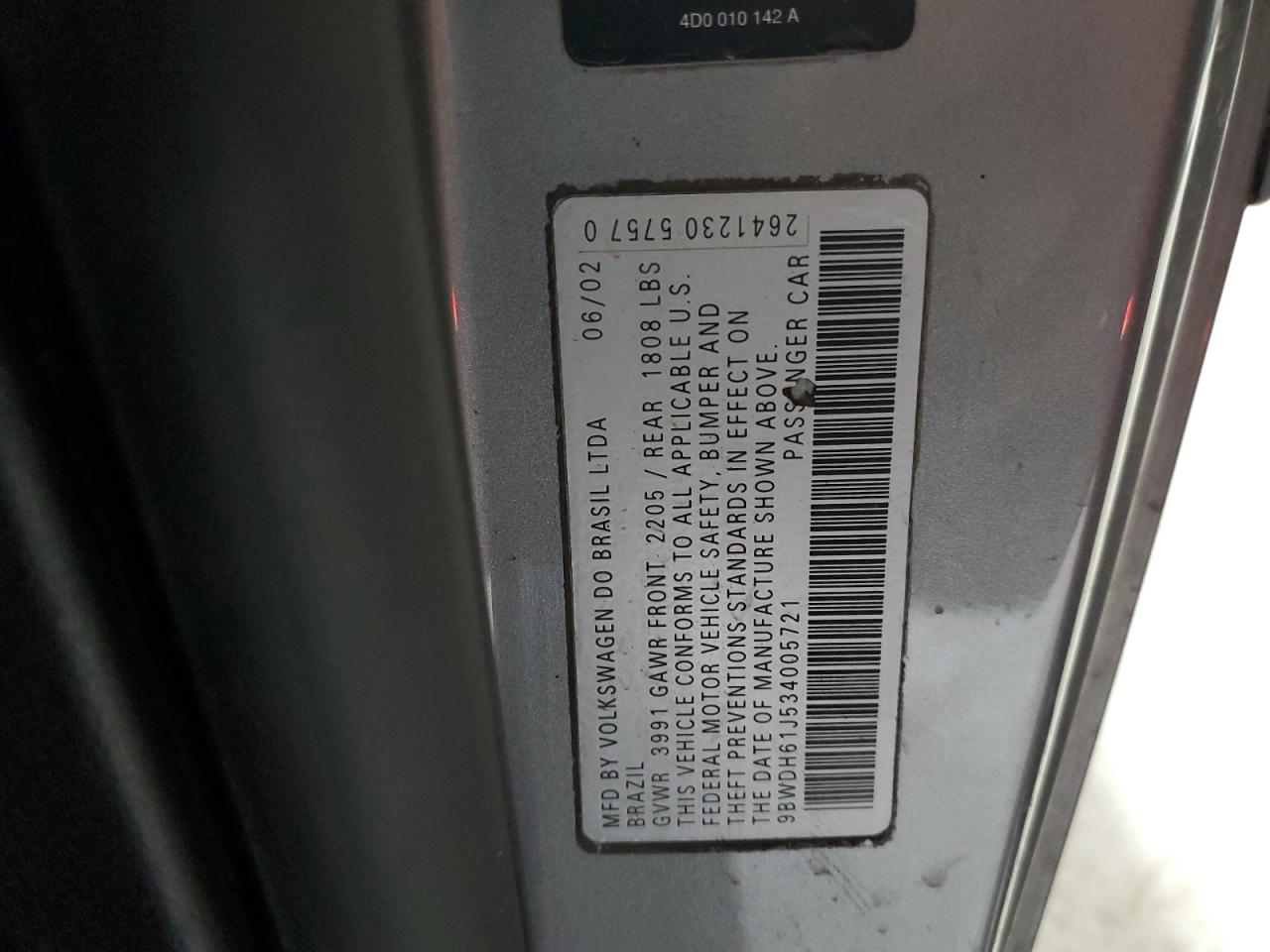 2003 Volkswagen Gti Vr6 VIN: 9BWDH61J534005721 Lot: 89069365