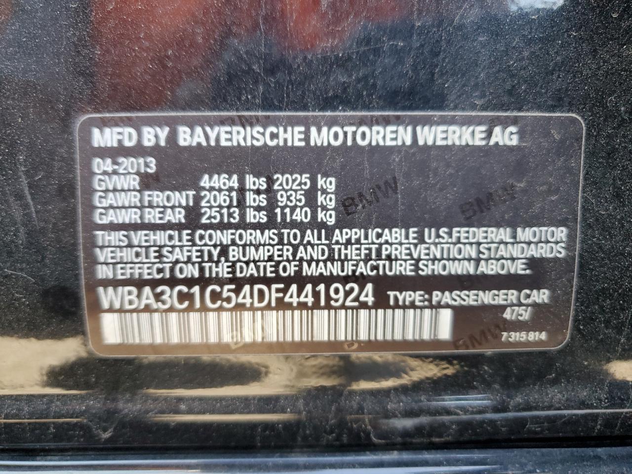 VIN WBA3C1C54DF441924 2013 BMW 3 SERIES no.12