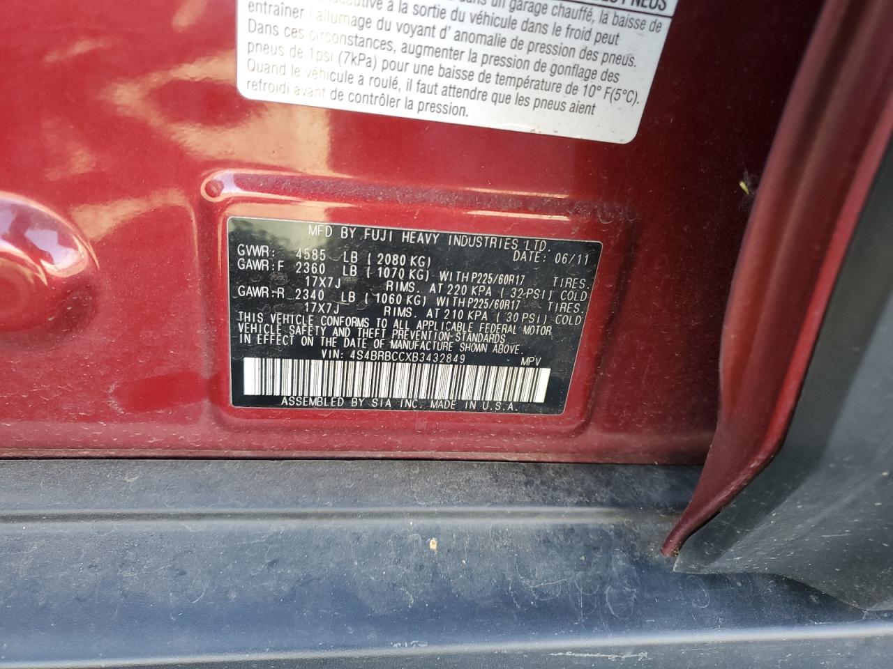 2011 Subaru Outback 2.5I Premium VIN: 4S4BRBCCXB3432849 Lot: 42007125