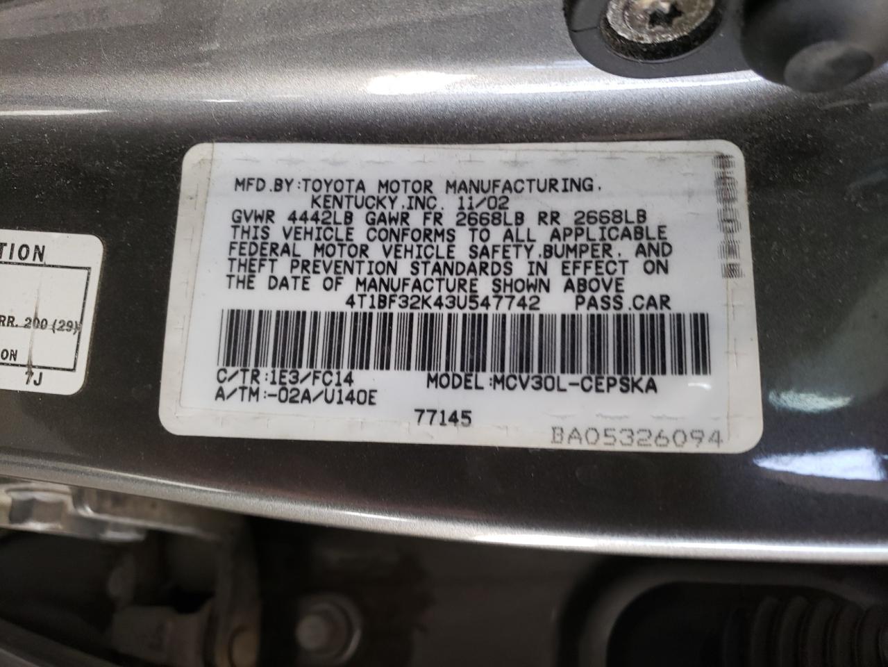 2003 Toyota Camry Le VIN: 40T1BF32K43U54774 Lot: 88545895