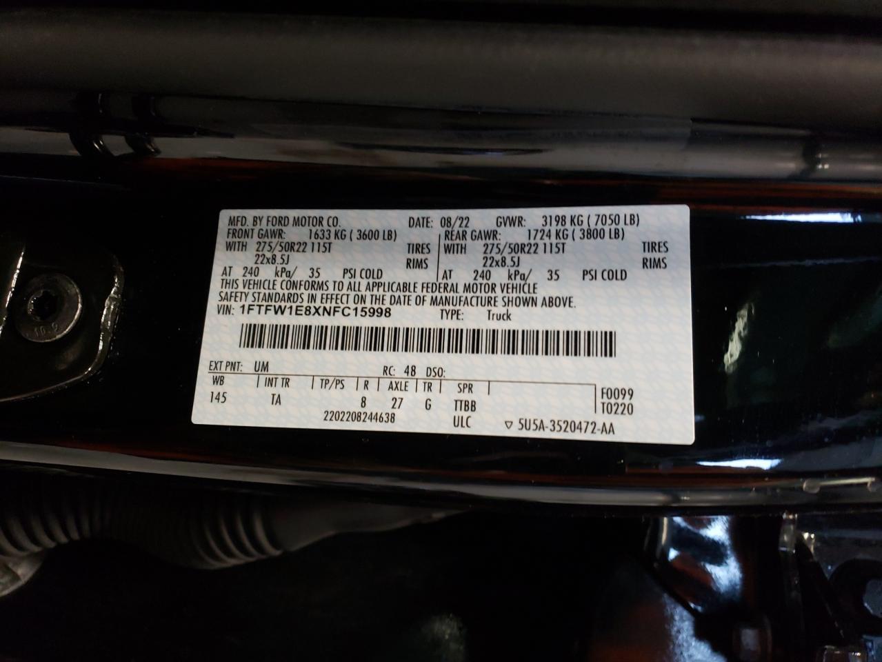 2022 Ford F150 Supercrew VIN: 1FTFW1E8XNFC15998 Lot: 87480144