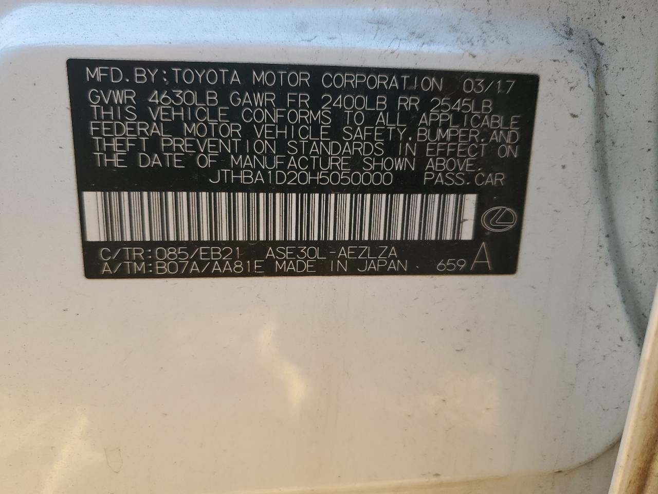 2017 Lexus Is 200T VIN: JTHBA1D20H5050000 Lot: 70305545