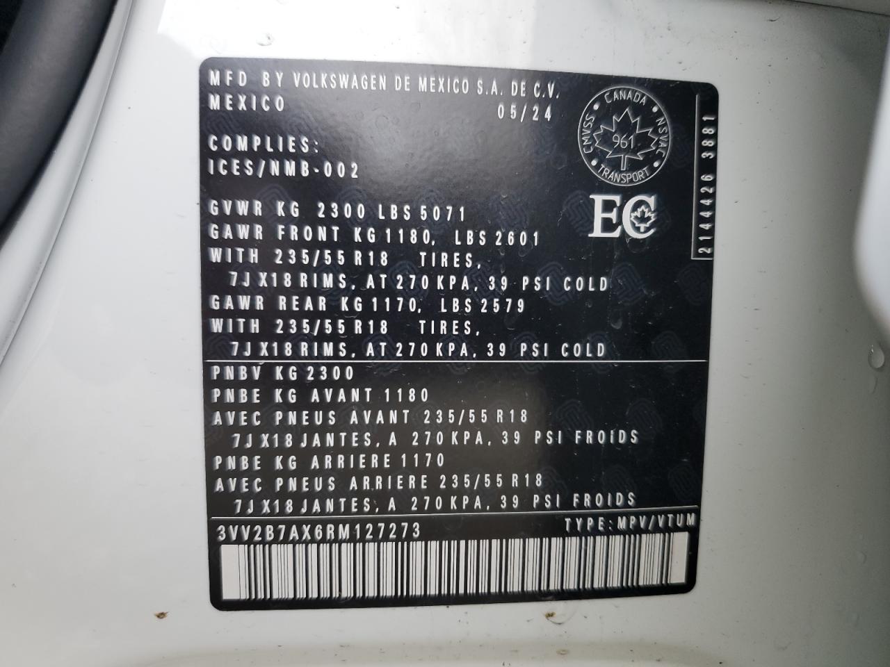 2024 Volkswagen Tiguan Se VIN: 3VV2B7AX6RM127273 Lot: 82281754