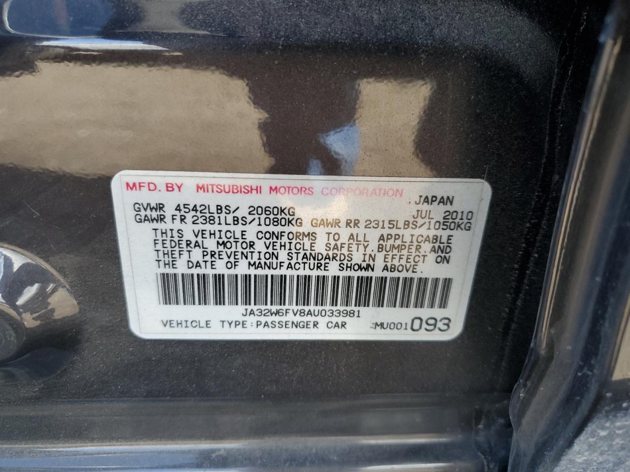 2010 Mitsubishi Lancer Evolution Se VIN: JA32W6FV8AU033981 Lot: 87676155