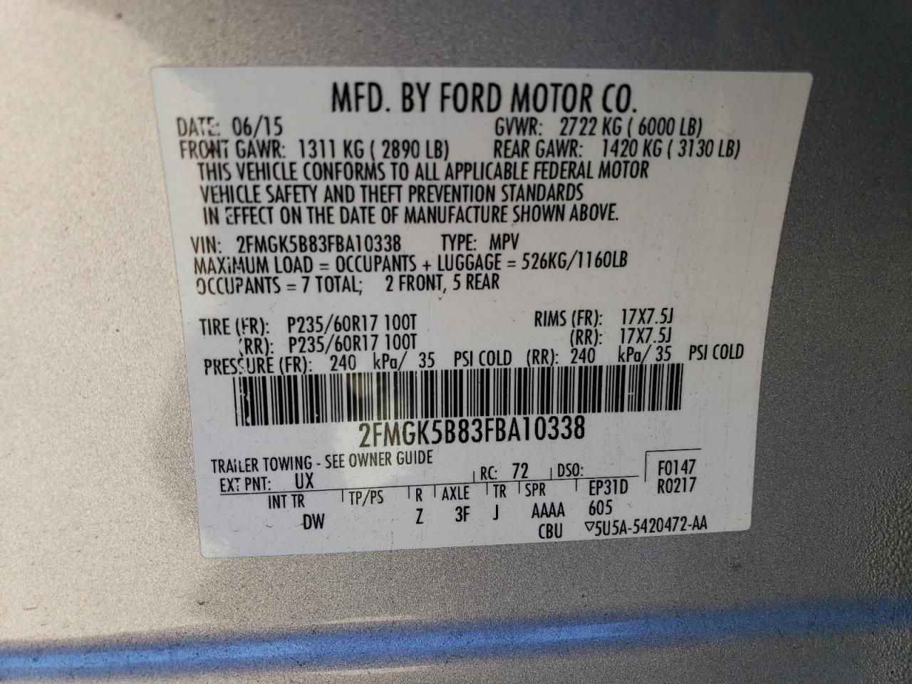 VIN 2FMGK5B83FBA10338 2015 FORD FLEX no.13