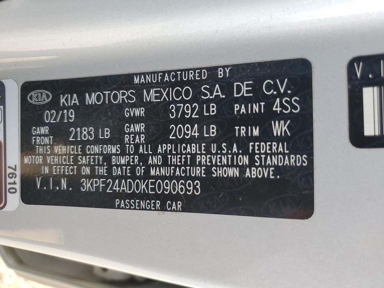 VIN 3KPF24AD0KE090693 2019 KIA FORTE no.12