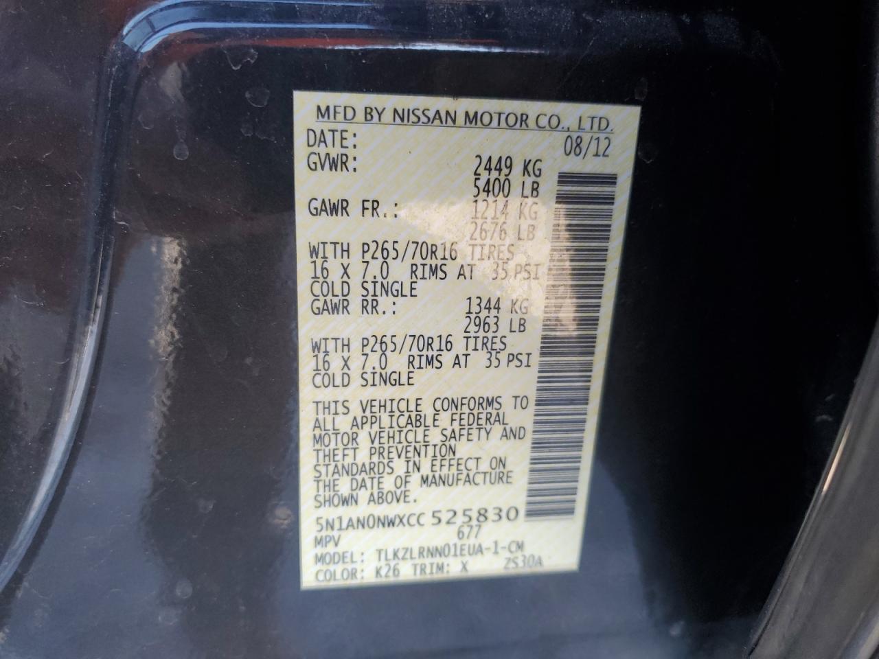 2012 Nissan Xterra Off Road VIN: 5N1AN0NWXCC525830 Lot: 88257525